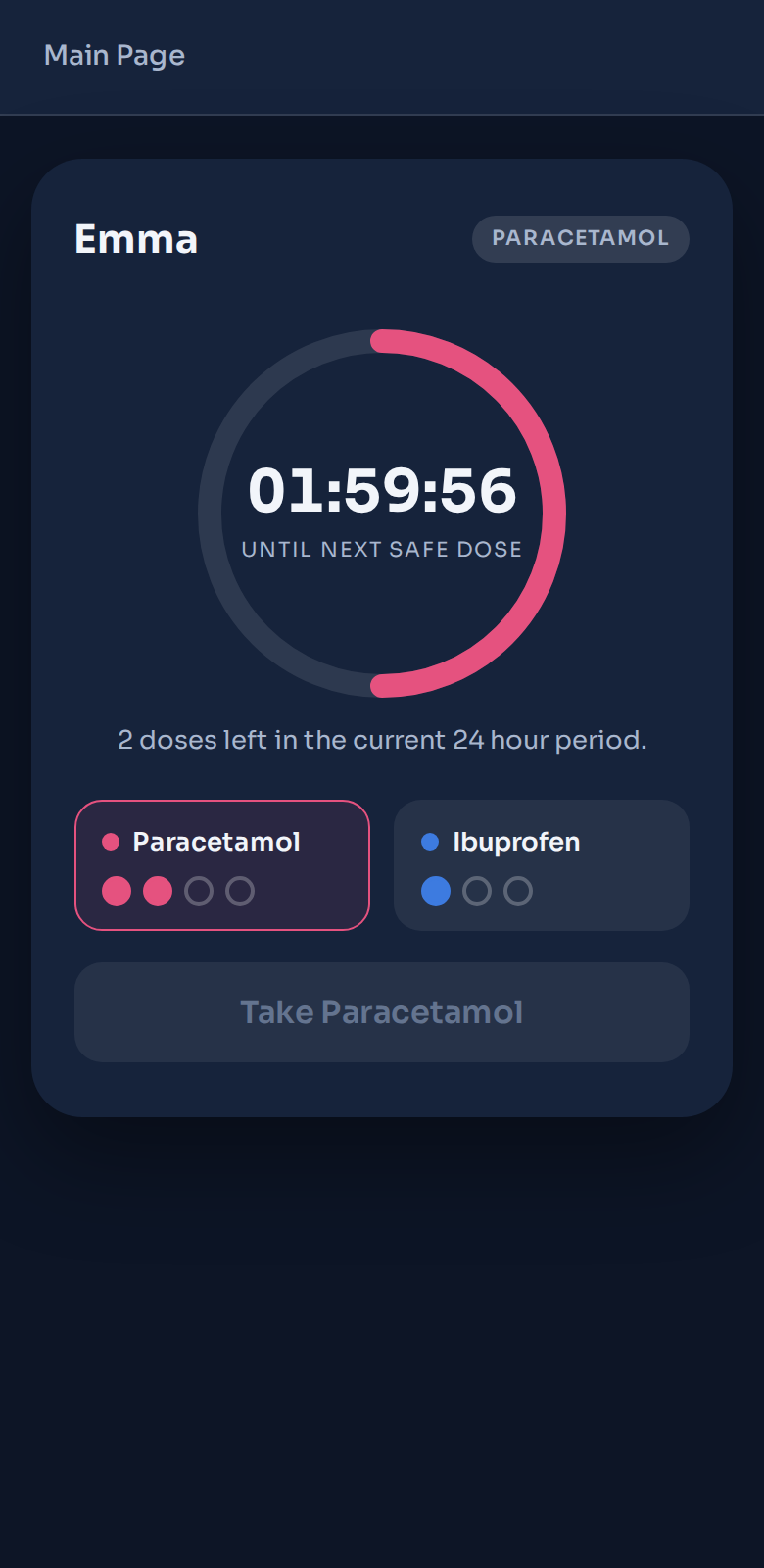 MediTime Family tracker with a countdown ring showing time until the next safe paracetamol dose