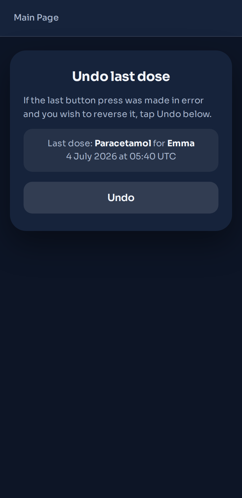 MediTime Family undo page showing which dose is about to be reversed